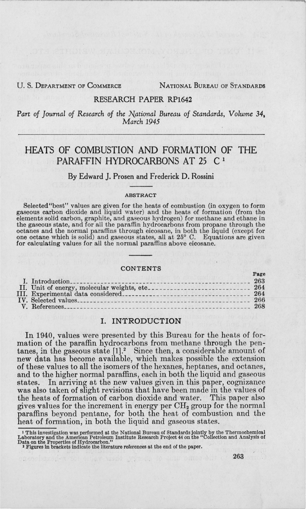 HEATS of COMBUSTION and FORMATION of the PARAFFIN HYDROCARBONS at 25 C 1 by Edward J