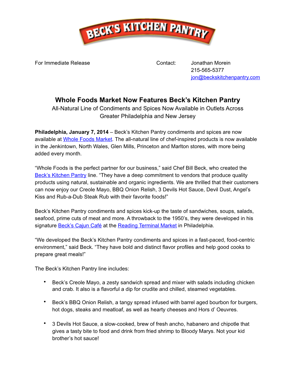 Whole Foods Market Now Features Beck's Kitchen Pantry