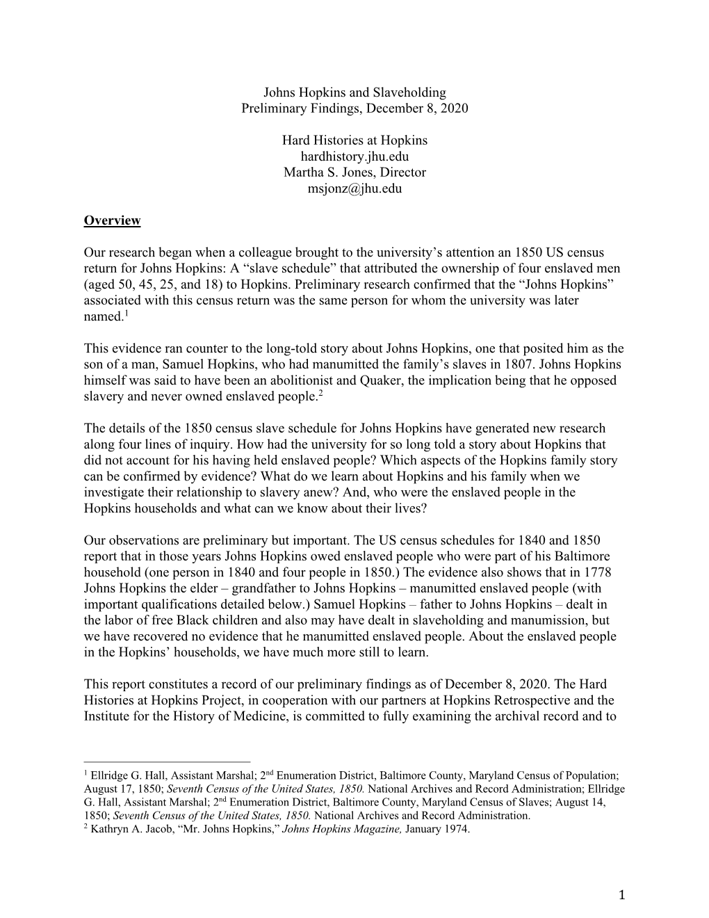 1 Johns Hopkins and Slaveholding Preliminary Findings, December 8