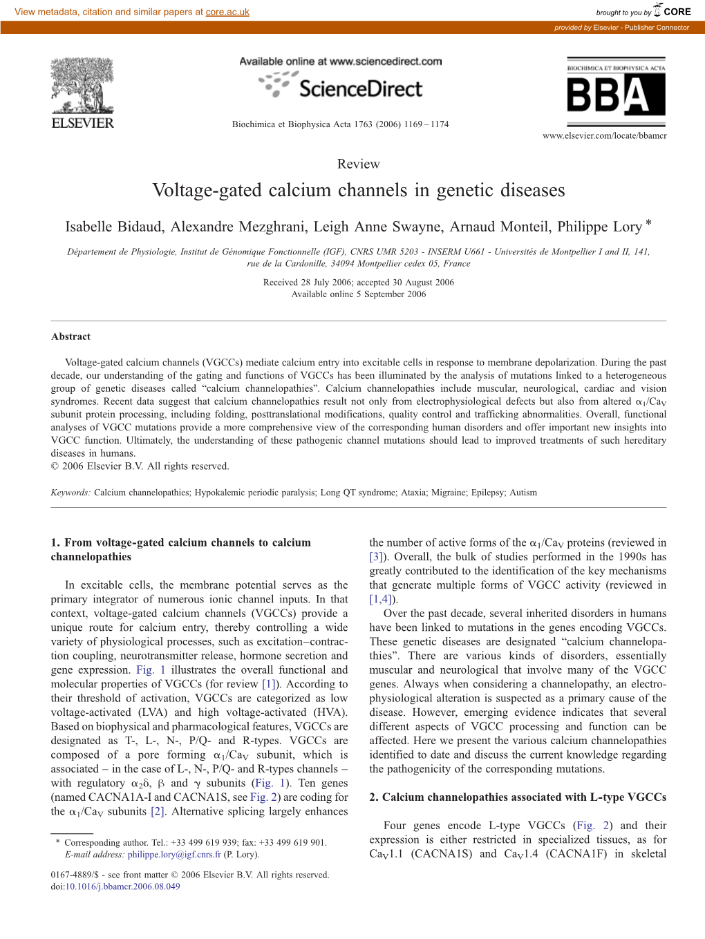 Voltage-Gated Calcium Channels in Genetic Diseases ⁎ Isabelle Bidaud, Alexandre Mezghrani, Leigh Anne Swayne, Arnaud Monteil, Philippe Lory