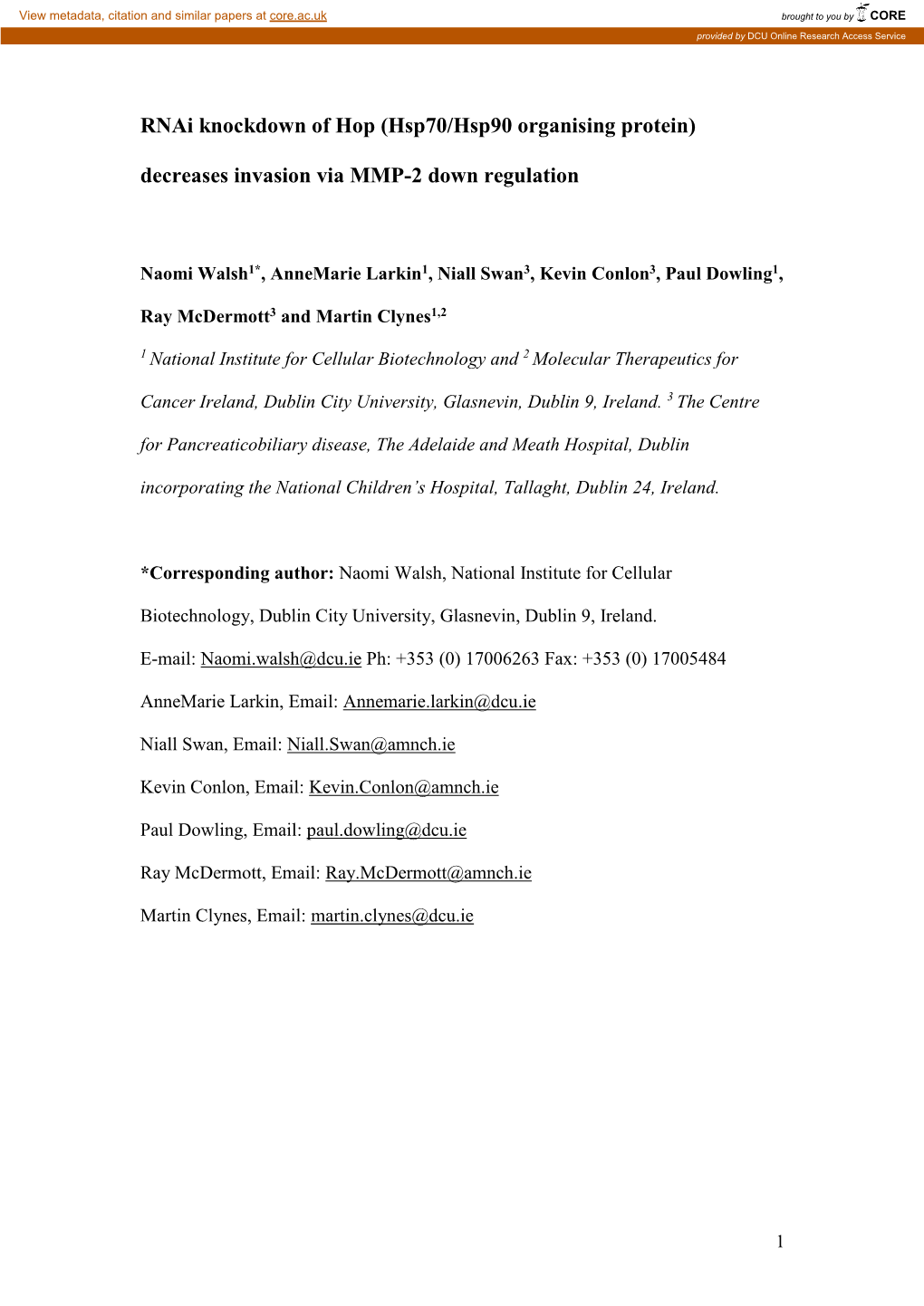 Rnai Knockdown of Hop (Hsp70/Hsp90 Organising Protein)