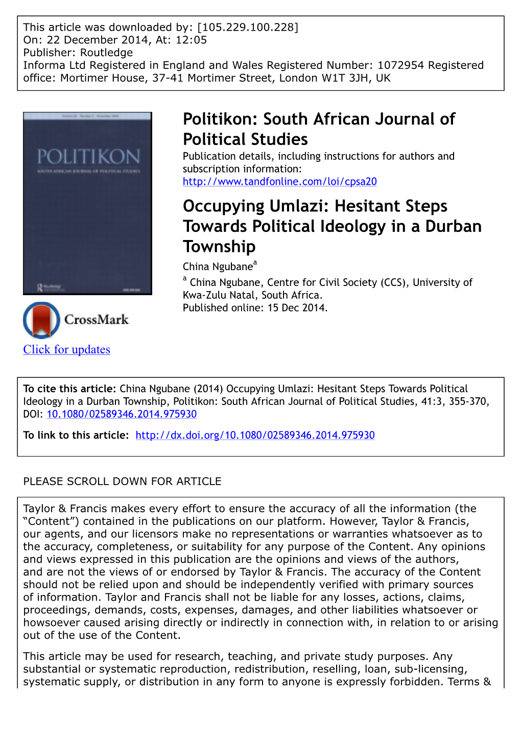 Occupying Umlazi: Hesitant Steps Towards Political Ideology in A