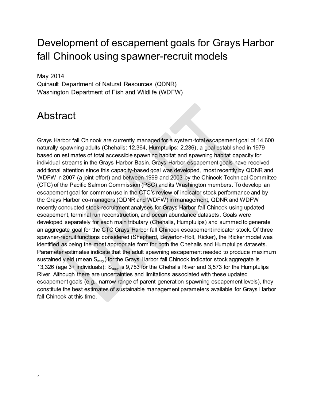 Development of Escapement Goals for Grays Harbor Fall Chinook Using Spawner-Recruit Models