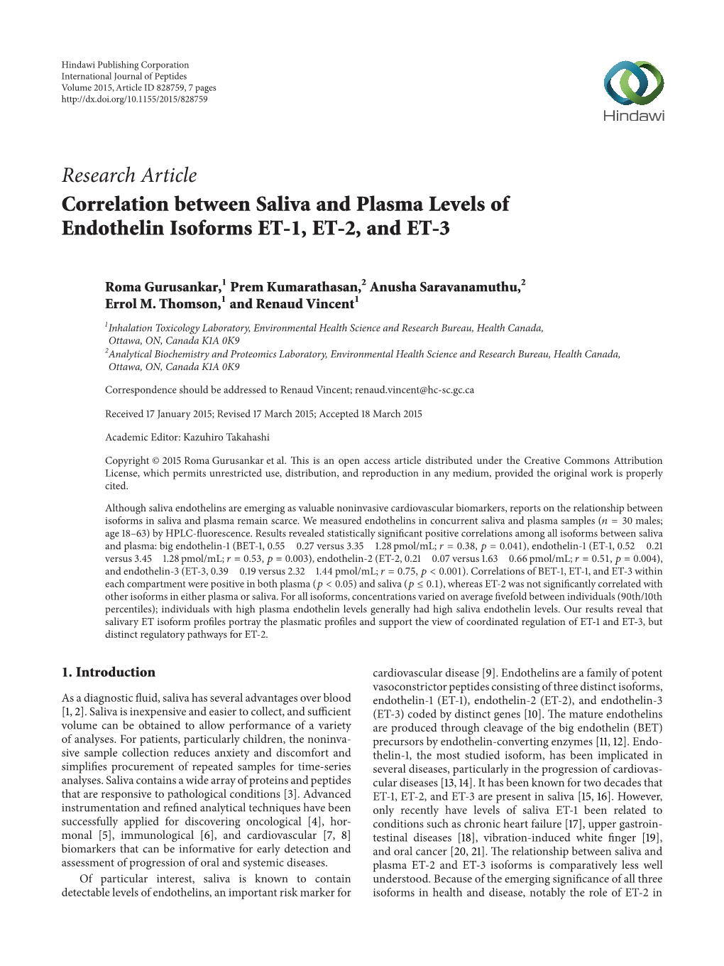 Correlation Between Saliva and Plasma Levels of Endothelin Isoforms ET-1, ET-2, and ET-3