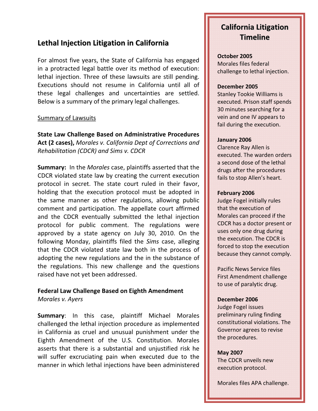 Lethal Injection Litigation in California California Litigation Timeline