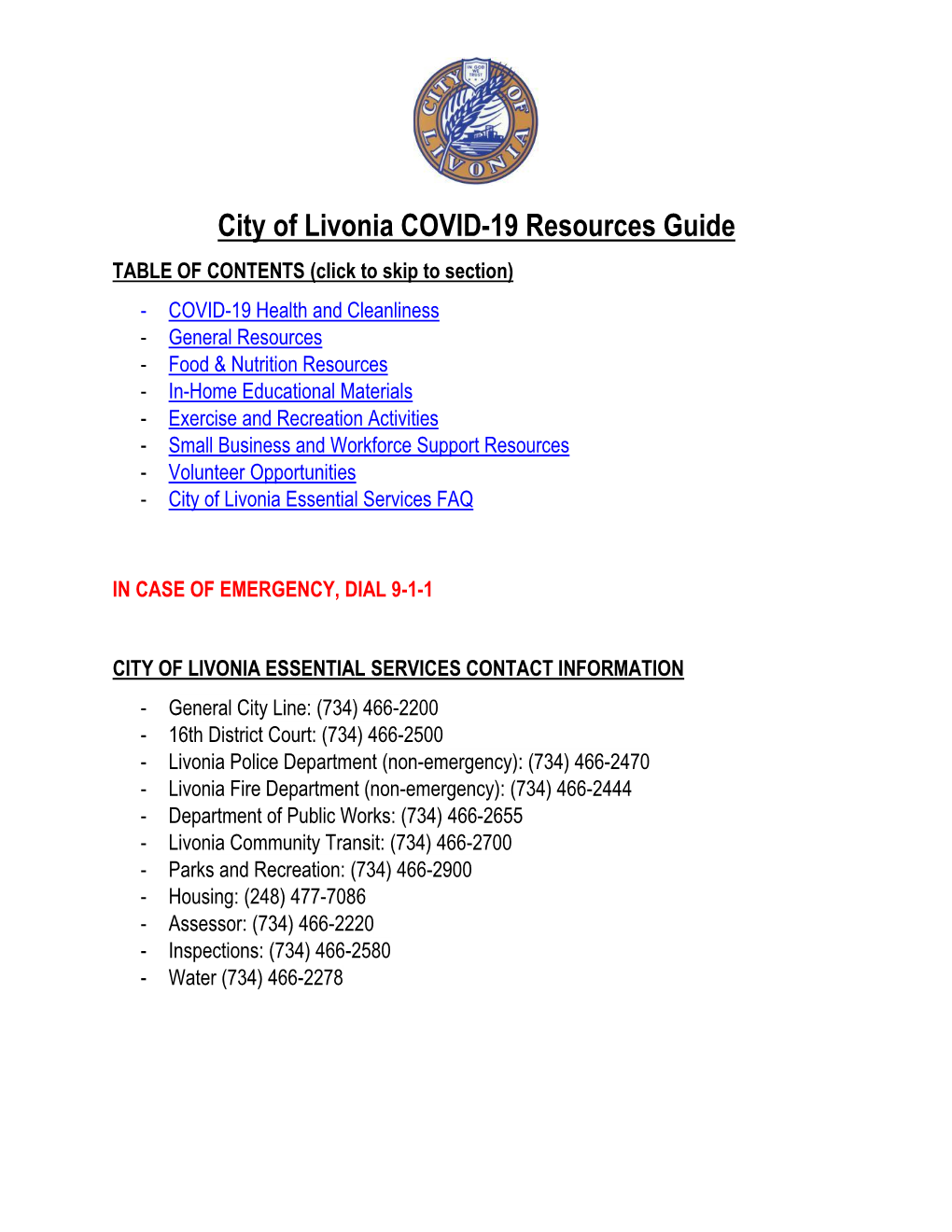 City of Livonia COVID-19 Resources Guide