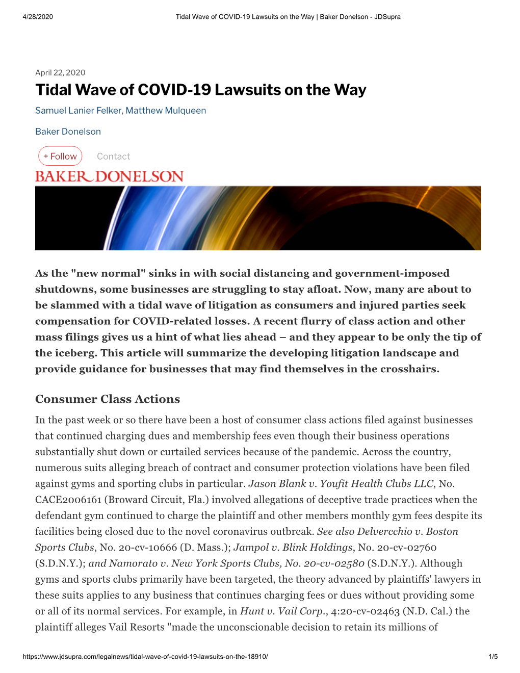 Tidal Wave of COVID-19 Lawsuits on the Way | Baker Donelson - Jdsupra