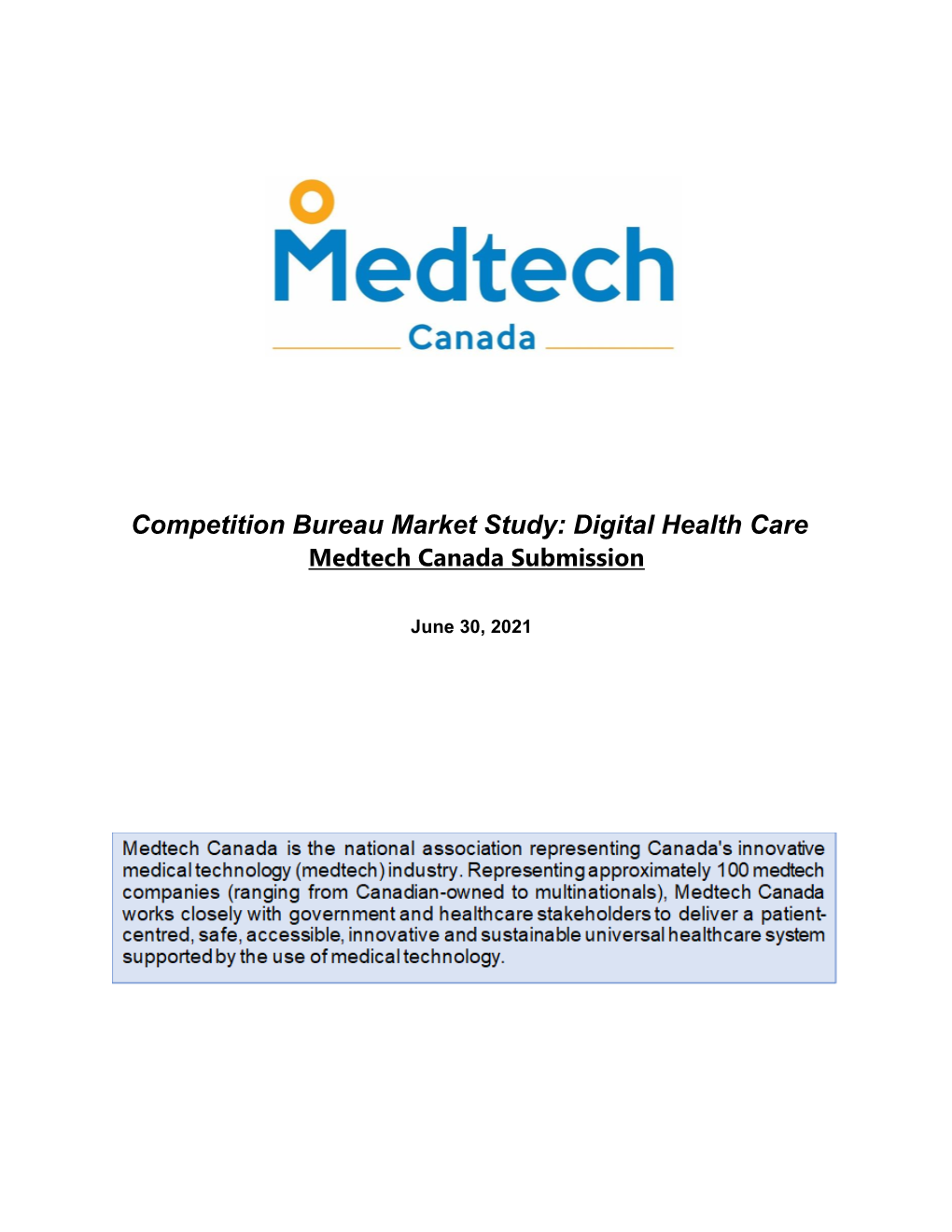 Competition Bureau Market Study: Digital Health Care Medtech Canada Submission