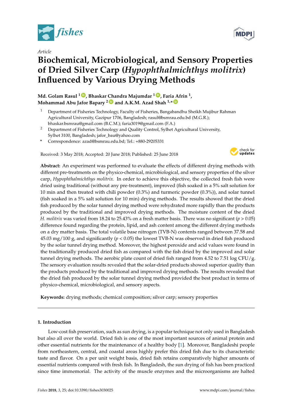 Biochemical, Microbiological, and Sensory Properties of Dried Silver Carp (Hypophthalmichthys Molitrix) Inﬂuenced by Various Drying Methods