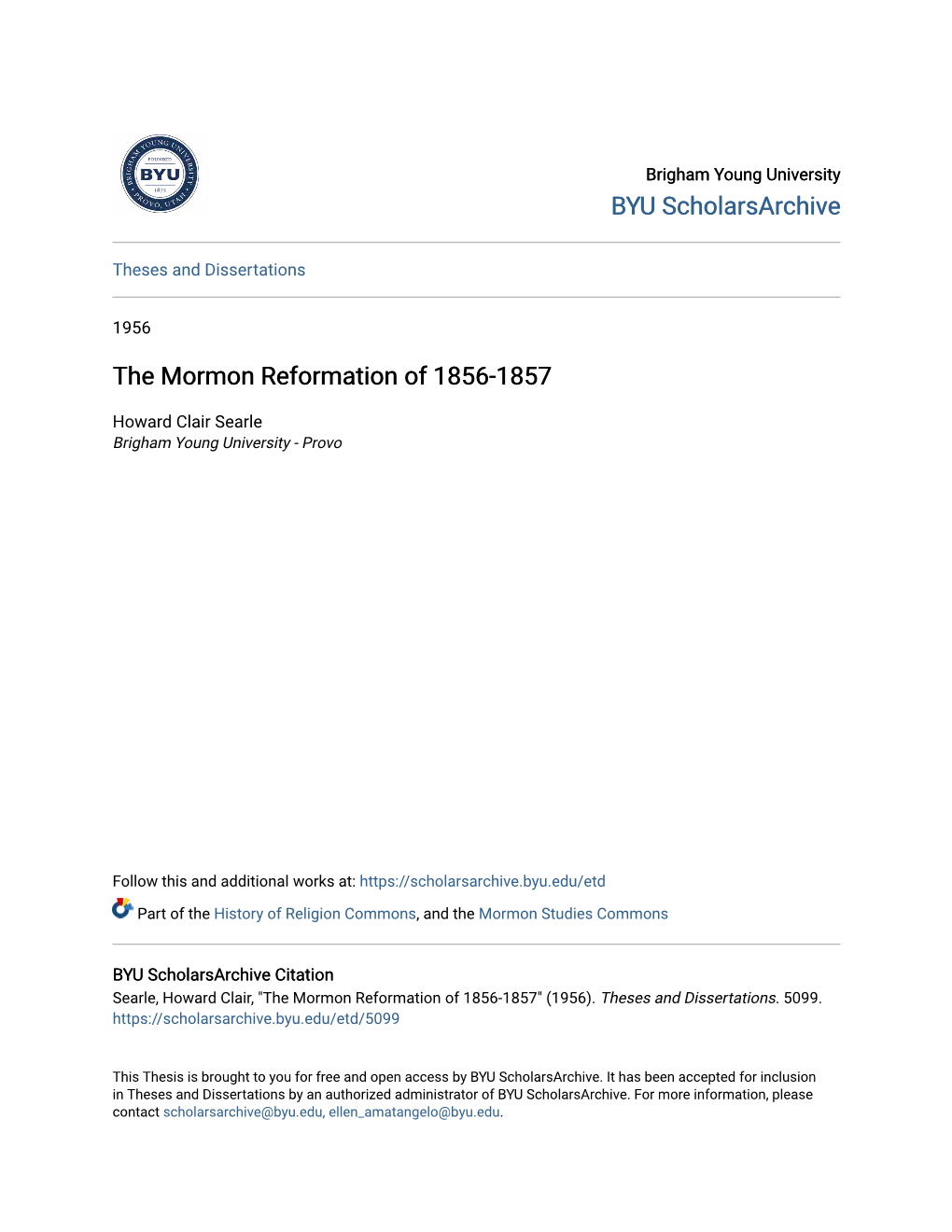 The Mormon Reformation of 1856-1857