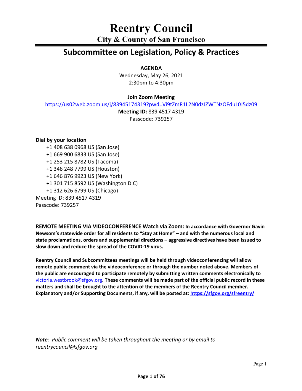 Reentry Council City & County of San Francisco Subcommittee on Legislation, Policy & Practices