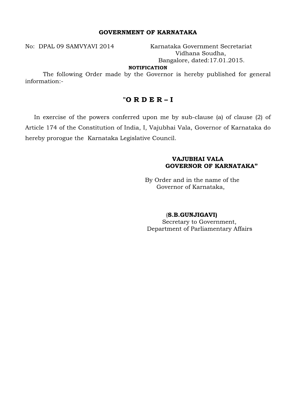 DPAL 09 SAMVYAVI 2014 Karnataka Government Secretariat Vidhana Soudha, Bangalore, Dated:17.01.2015