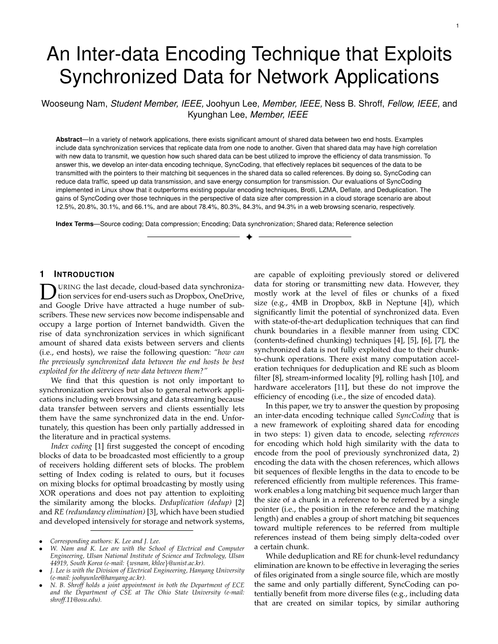 An Inter-Data Encoding Technique That Exploits Synchronized Data for Network Applications