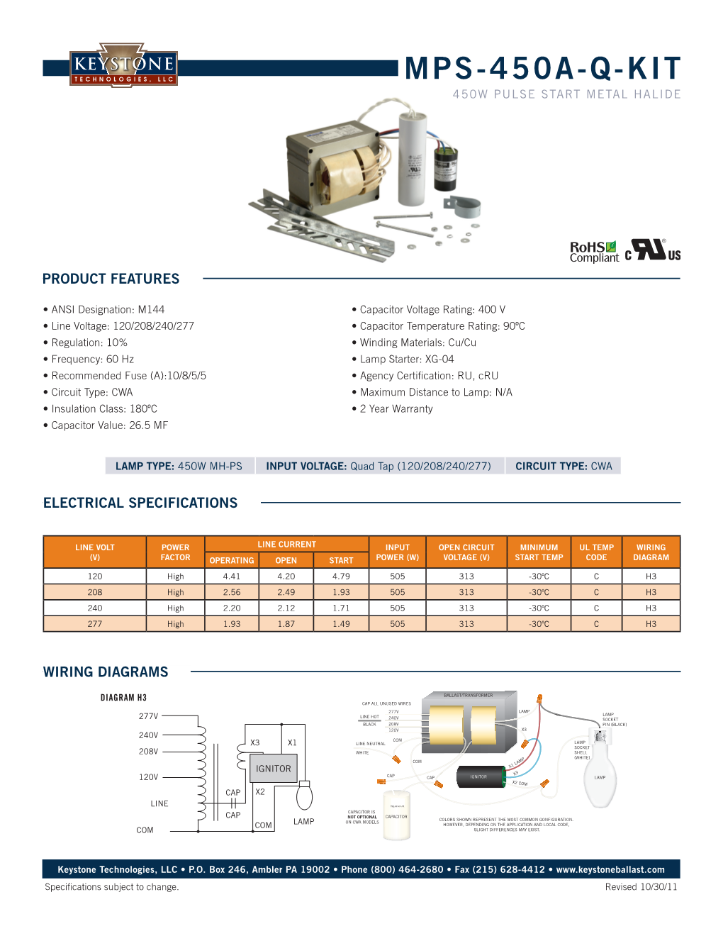 MPS-450A-Q-KIT 450W Pulse Start Metal Halide