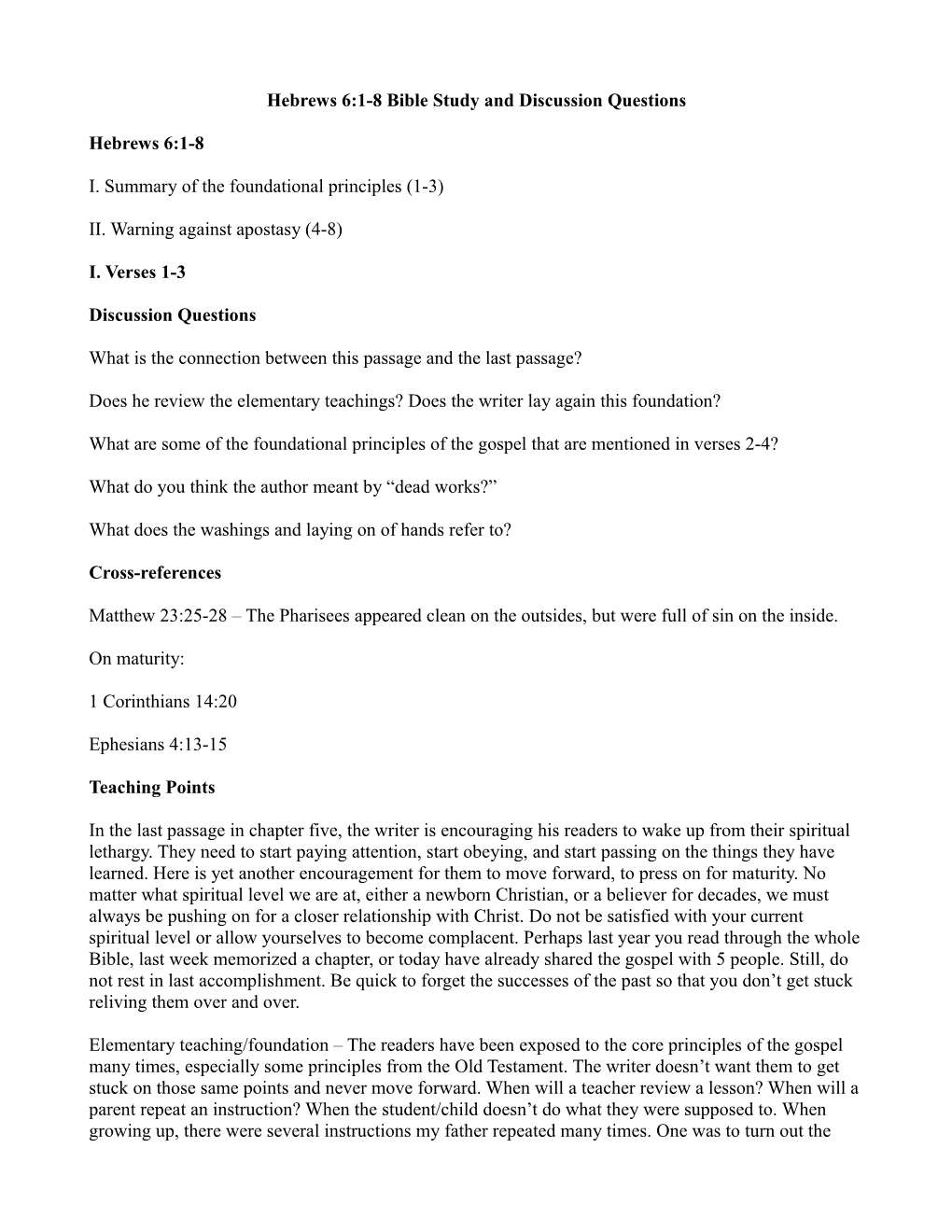 Hebrews 6:1-8 Bible Study and Discussion Questions