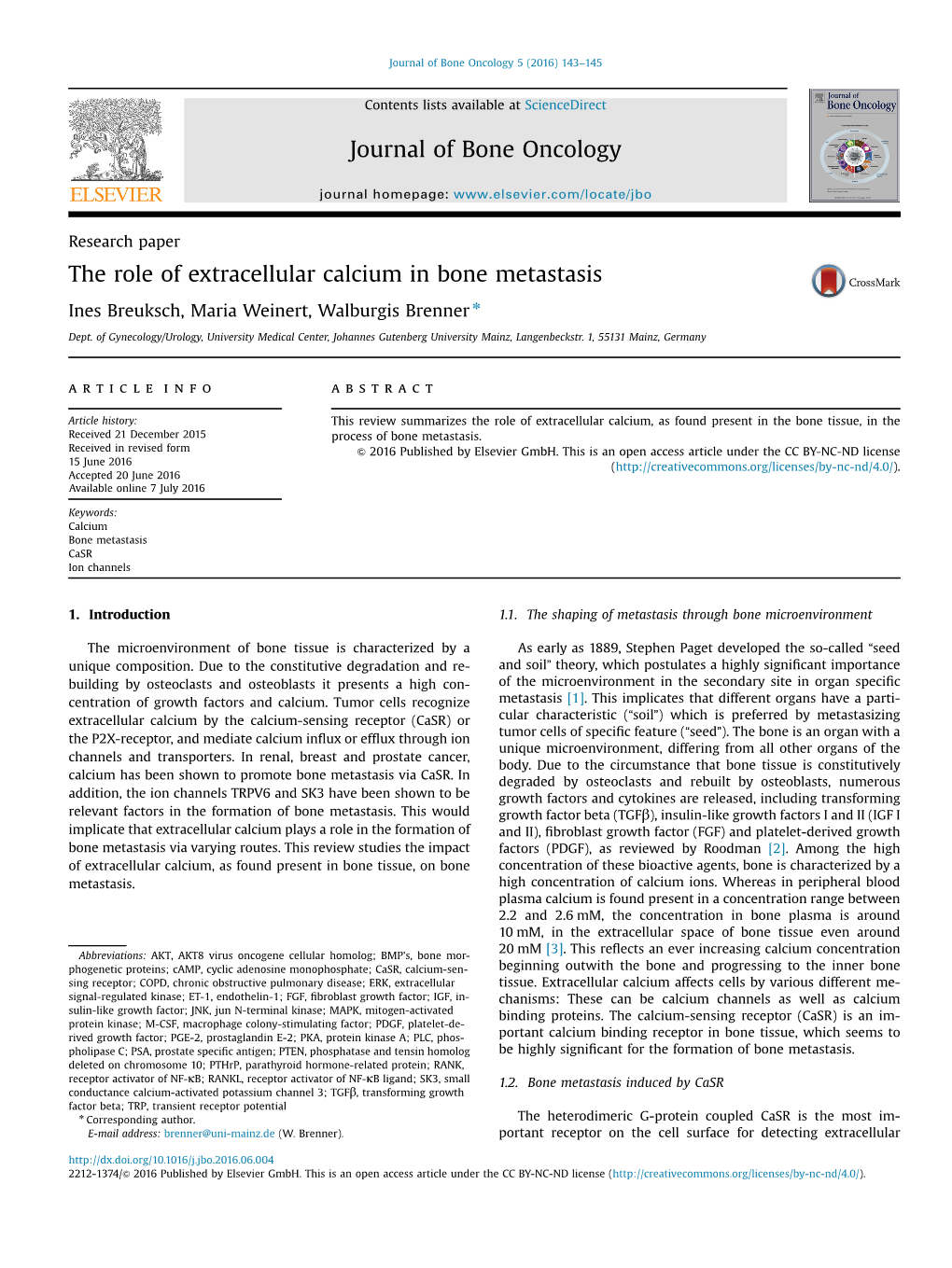 The Role of Extracellular Calcium in Bone Metastasis