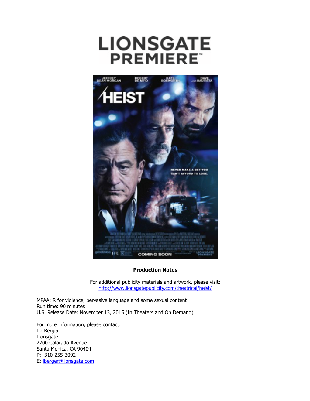 HEIST Production Notes FINAL