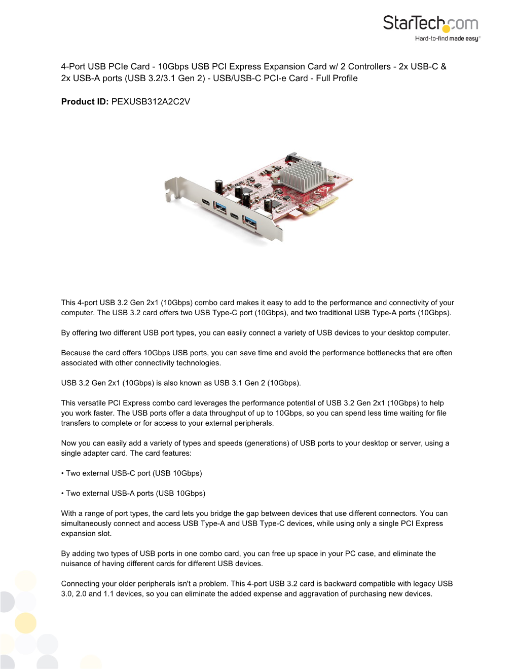 4-Port USB Pcie Card - 10Gbps USB PCI Express Expansion Card W/ 2 Controllers - 2X USB-C & 2X USB-A Ports (USB 3.2/3.1 Gen 2) - USB/USB-C PCI-E Card - Full Profile