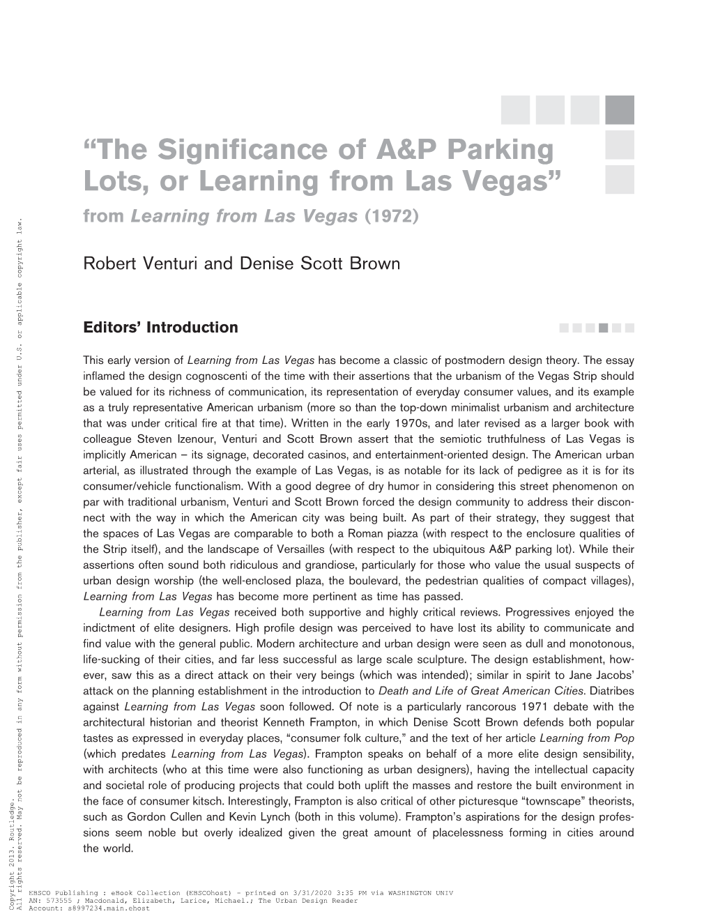 “The Significance of A&P Parking Lots, Or Learning from Las Vegas”