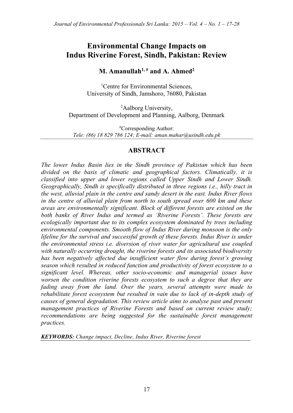 Environmental Change Impacts on Indus Riverine Forest, Sindh, Pakistan: Review