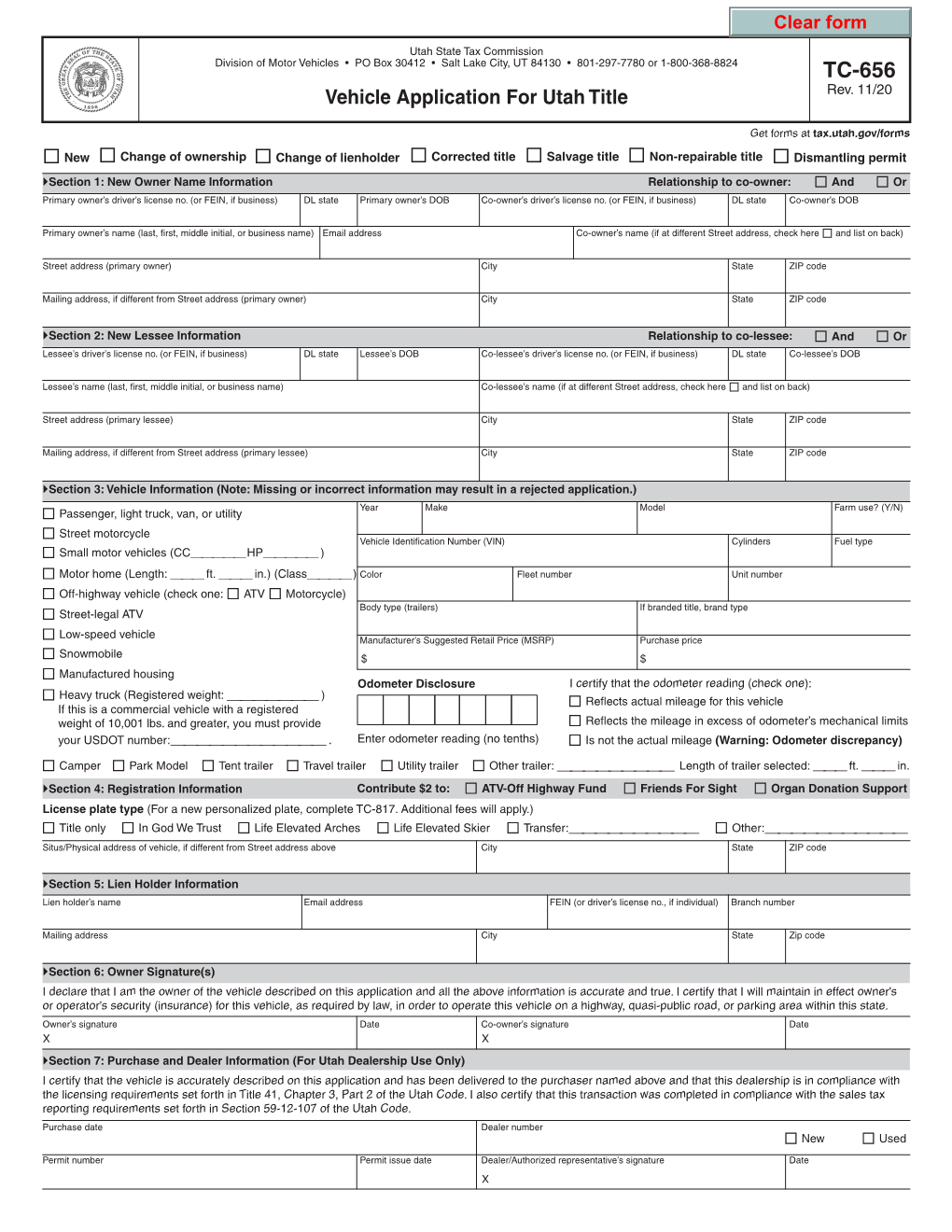 TC-656, Vehicle Application for Utah Title