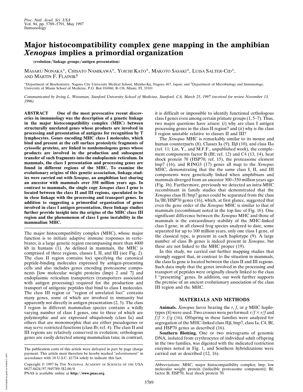 Major Histocompatibility Complex Gene Mapping in the Amphibian Xenopus Implies a Primordial Organization (Evolution͞linkage Groups͞antigen Presentation)