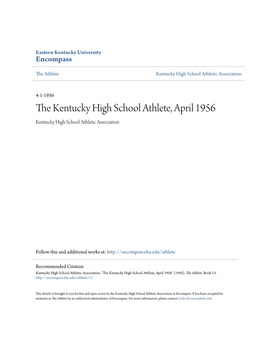 The Kentucky High School Athlete, April 1956 Kentucky High School Athletic Association