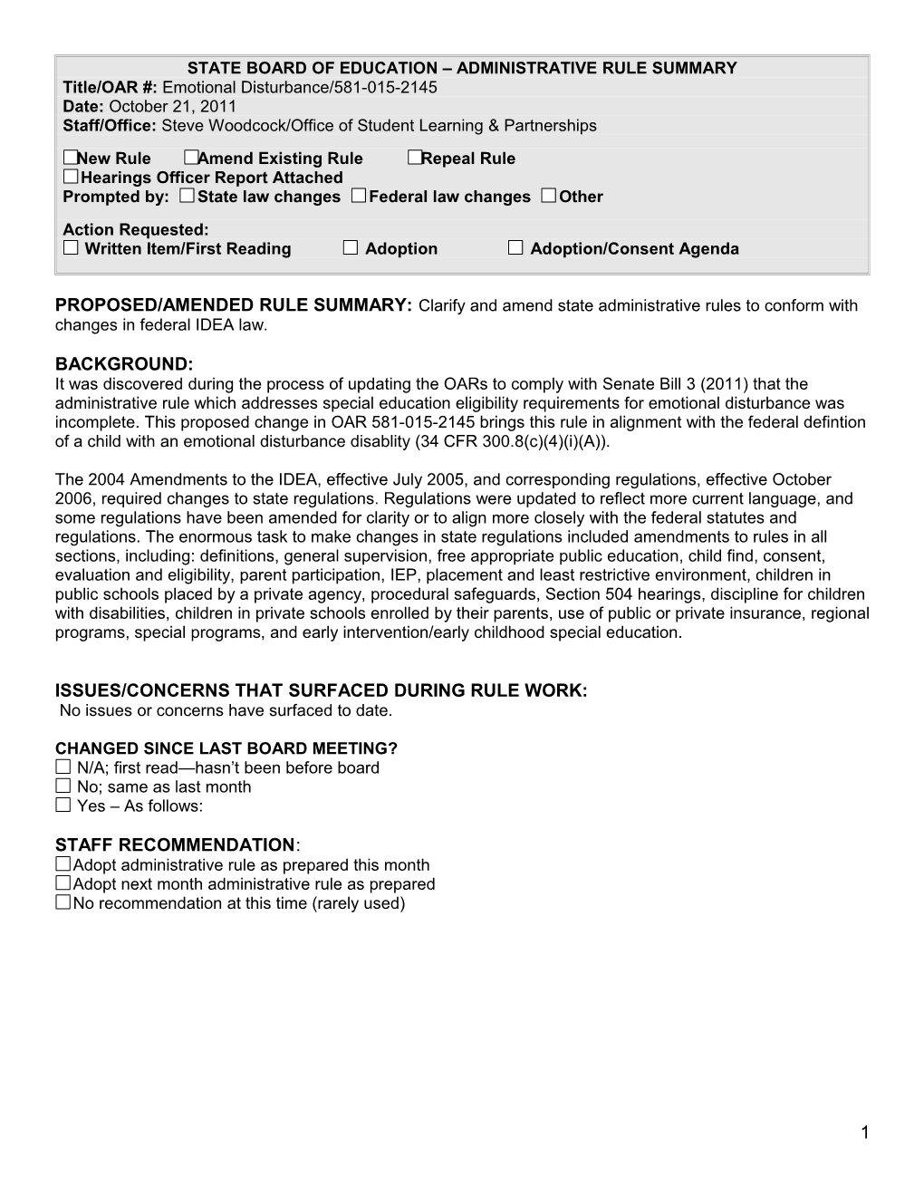 State Board of Education Administrative Rule Summary s1