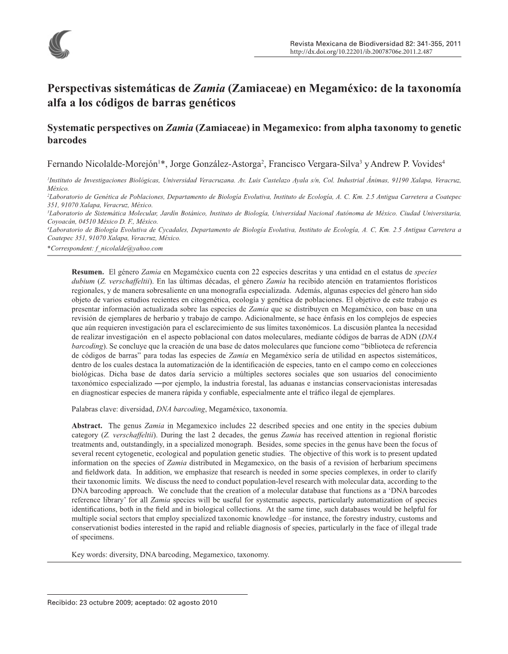 Zamiaceae) En Megaméxico: De La Taxonomía Alfa a Los Códigos De Barras Genéticos