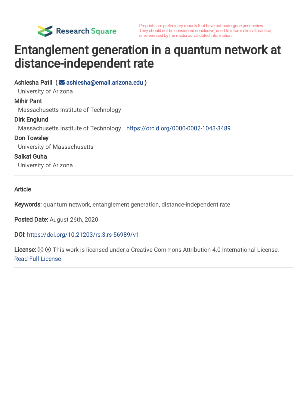 Entanglement Generation in a Quantum Network at Distance-Independent Rate