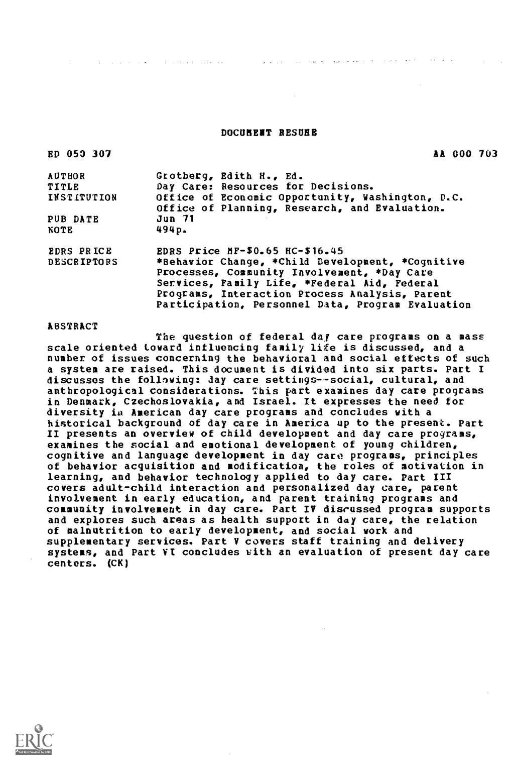 The Question of Federal Day Care Programs on a Mass Cognitive And