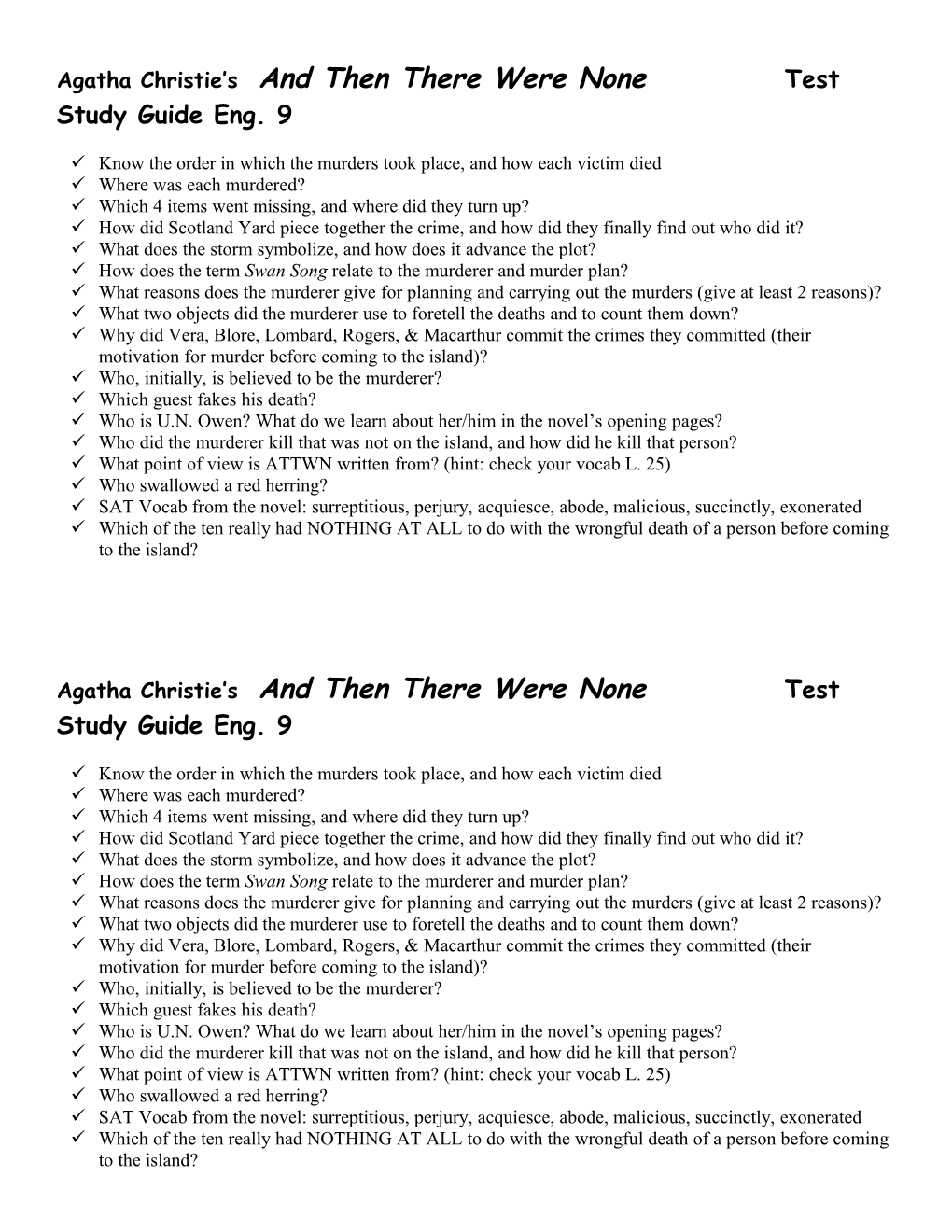 And Then There Were None Study Guide s1