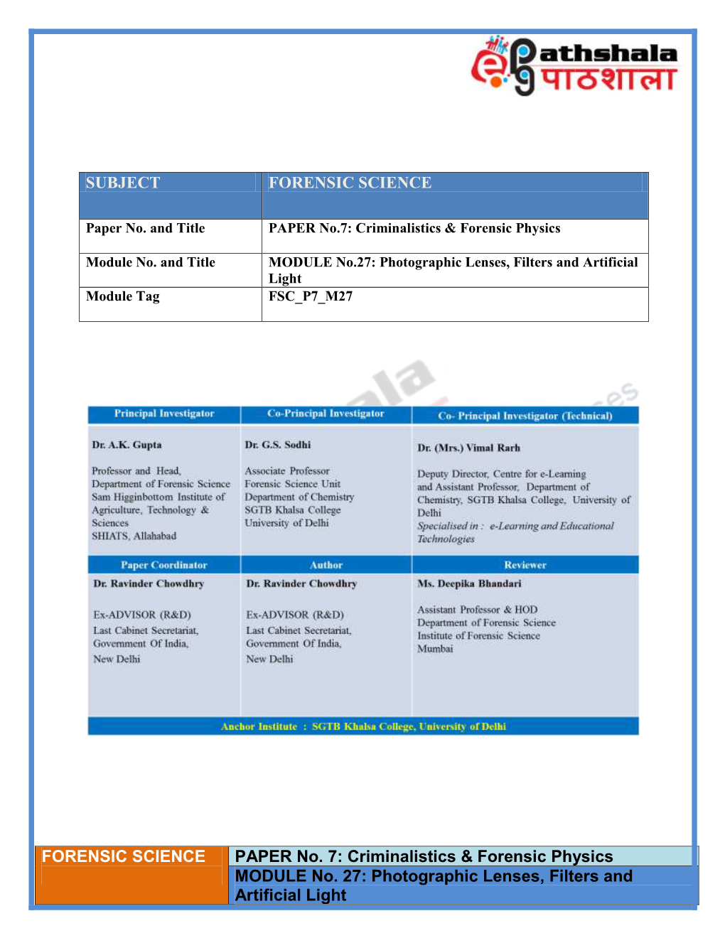 Criminalistics & Forensic Physics MODULE No. 27