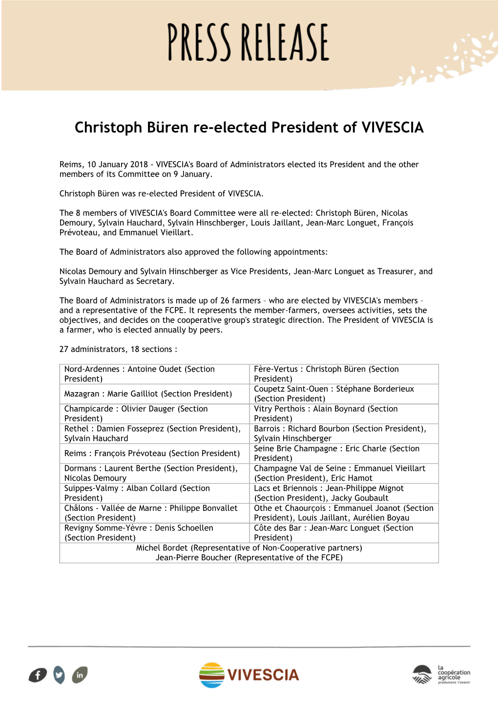 Christoph Büren Re-Elected President of VIVESCIA