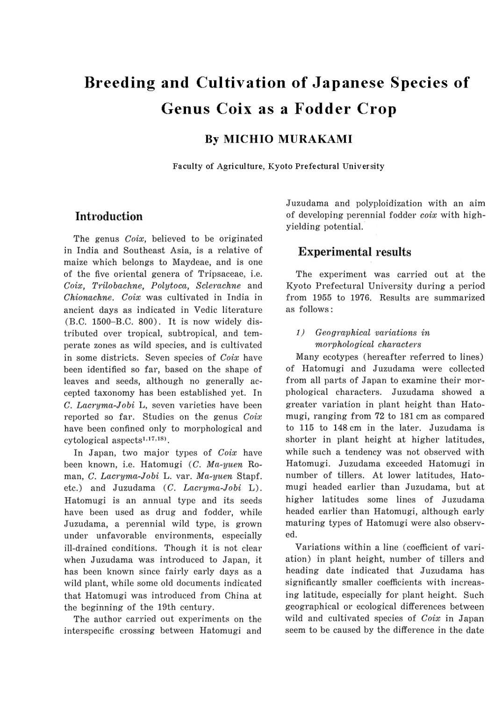 Breeding and Cultivation of Japanese Species of Genus Coix As a Fodder Crop