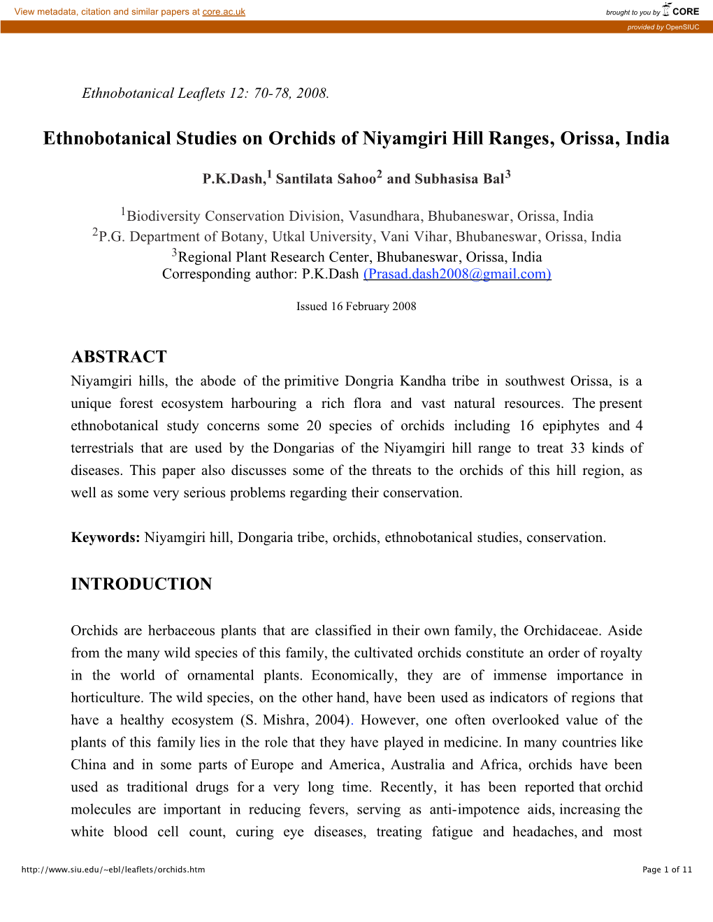 Ethnobotanical Studies on Orchids of Niyamgiri Hill Ranges, Orissa, India