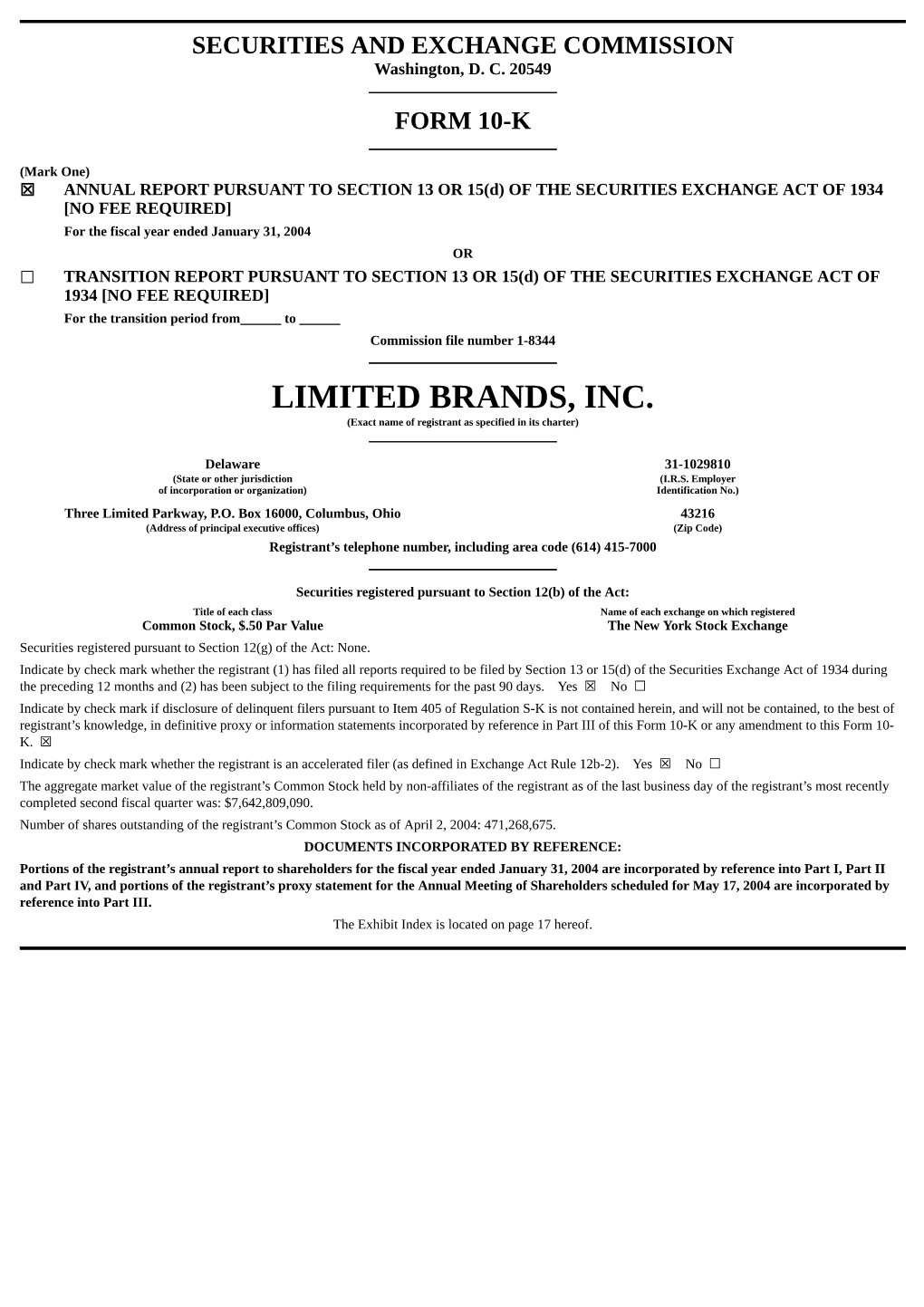 LIMITED BRANDS, INC. (Exact Name of Registrant As Specified in Its Charter)