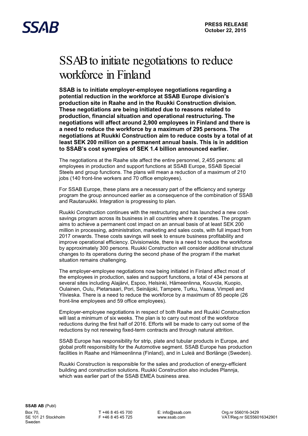 SSAB to Initiate Negotiations to Reduce Workforce in Finland