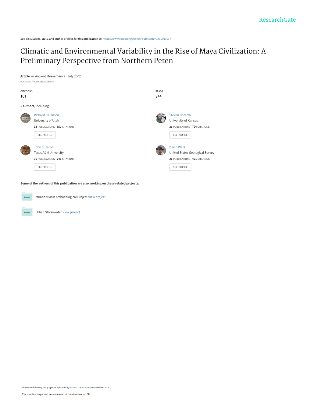 Climatic and Environmental Variability in the Rise of Maya Civilization: a Preliminary Perspective from Northern Peten