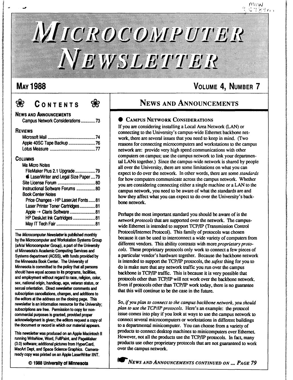 Mav1988 Volume 4, Number 7 ,J CONTENTS NEWS and ANNOUNCEMENTS