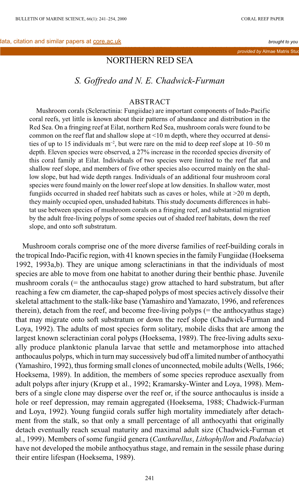 Abundance and Distribution of Mushroom Corals