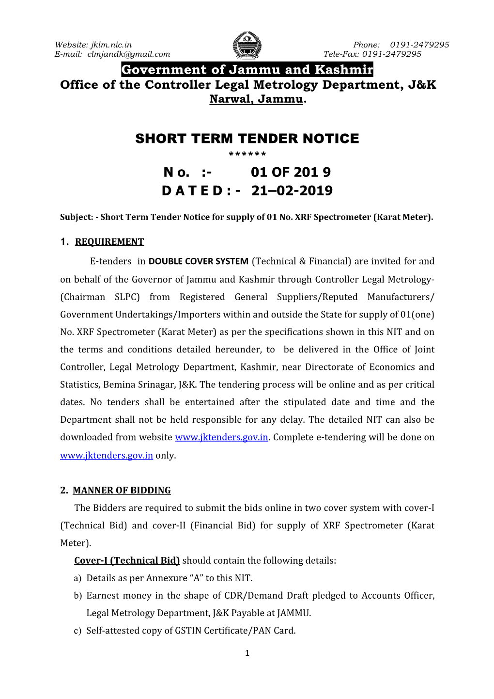 Government of Jammu and Kashmir SHORT TERM TENDER NOTICE N O