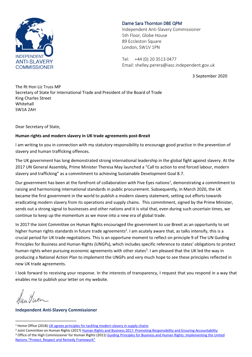 Dame Sara Thornton DBE QPM Independent Anti-Slavery Commissioner 5Th Floor, Globe House 89 Eccleston Square London, SW1V 1PN