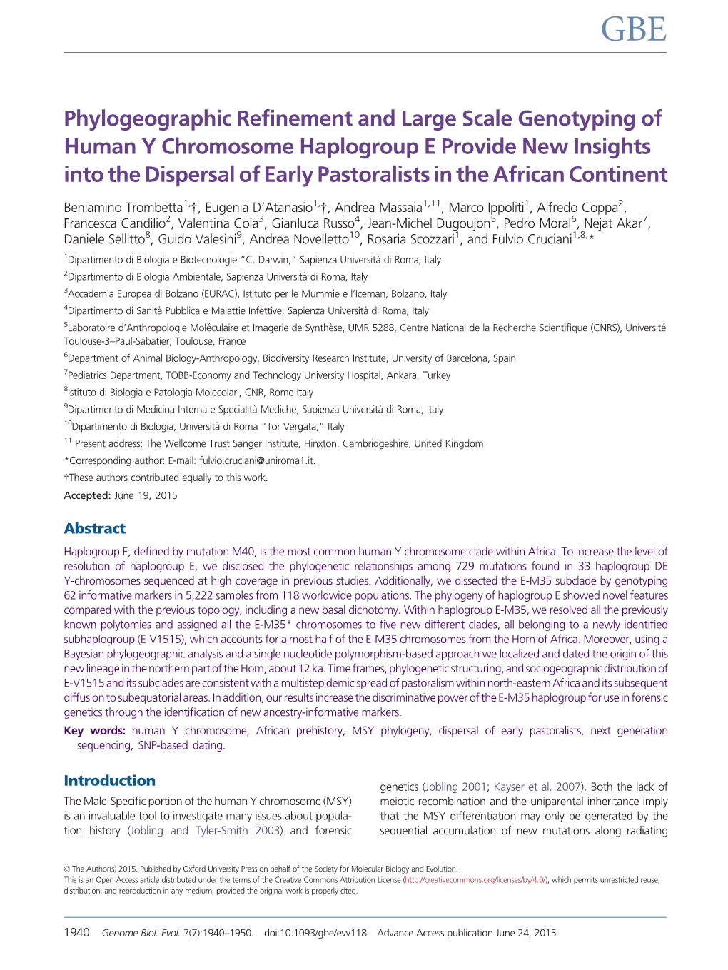 Phylogeographic Refinement and Large Scale Genotyping of Human Y Chromosome Haplogroup E Provide New Insights Into the Dispersal