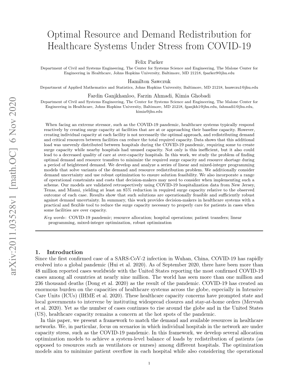 Optimal Resource and Demand Redistribution for Healthcare Systems Under Stress from COVID-19 Arxiv:2011.03528V1 [Math.OC] 6 No