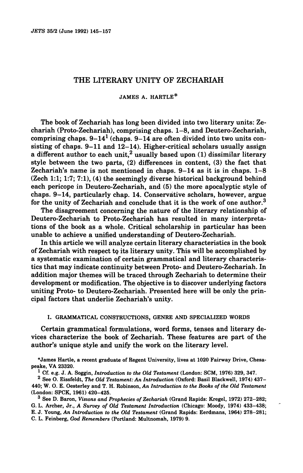 The Literary Unity of Zechariah . . . James A. Hartle