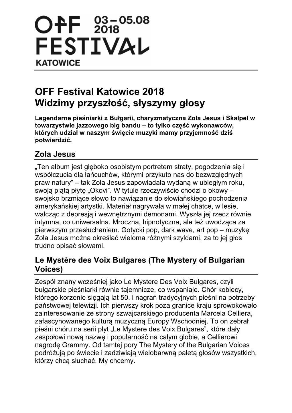 OFF Festival Katowice 2018 Widzimy Przyszłość, Słyszymy Głosy