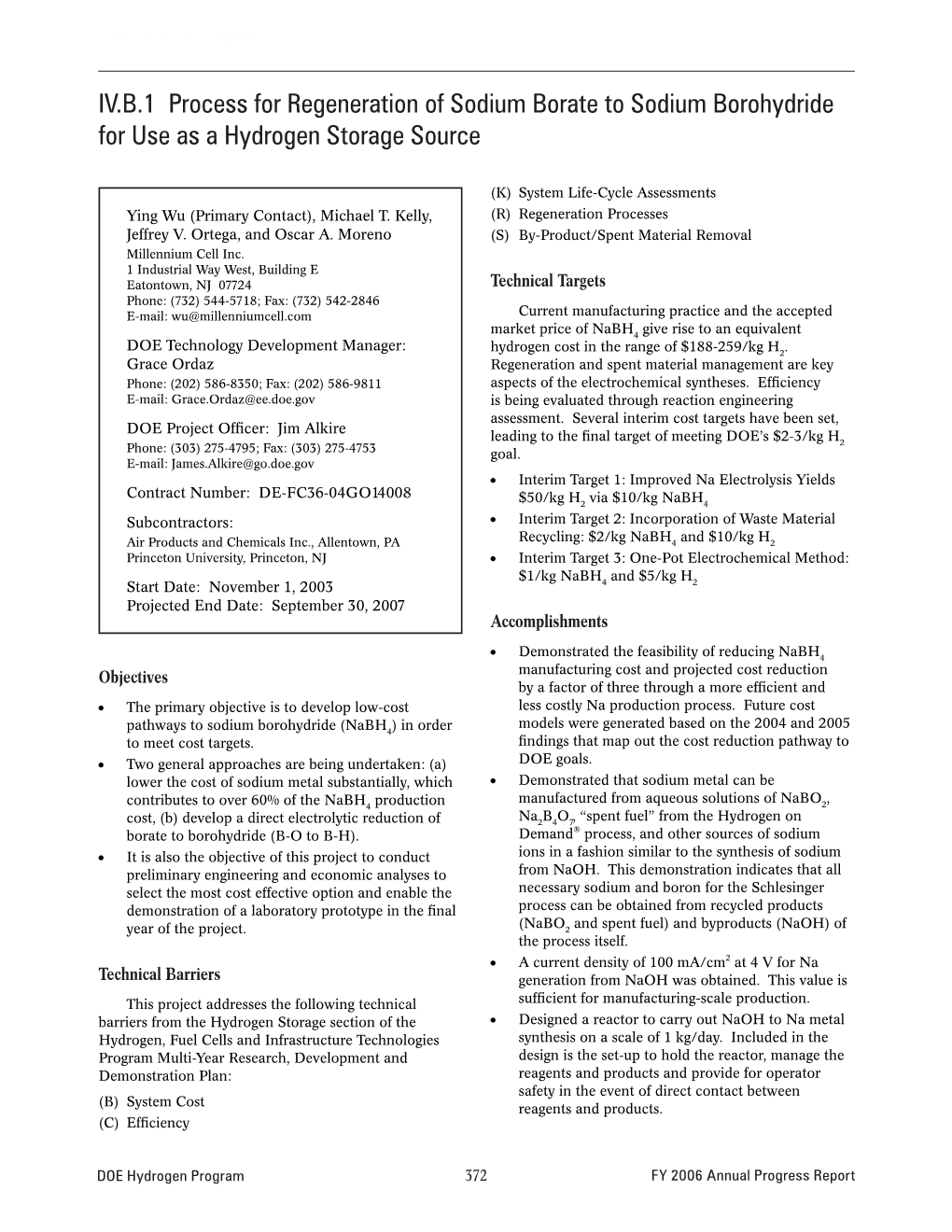 Process for Regeneration of Sodium Borate to Sodium Borohydride for Use As a Hydrogen Storage Source, Excerpt from DOE Hydrogen