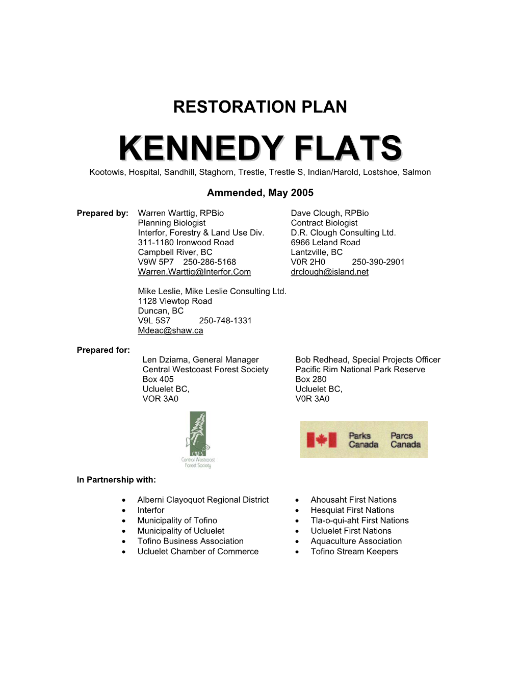 Kennedy Flats Restoration Plan FINAL DRAFT Ammended May 2005