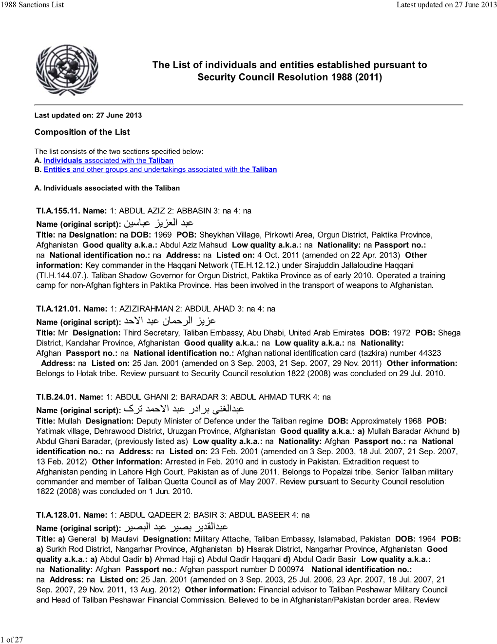 The List of Individuals and Entities Established Pursuant to Security Council Resolution 1988 (2011)